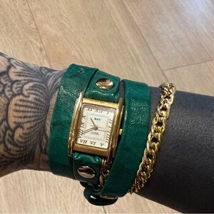 La Mer Emerald Wrap Leather Watch Bracelet with Gold Chain